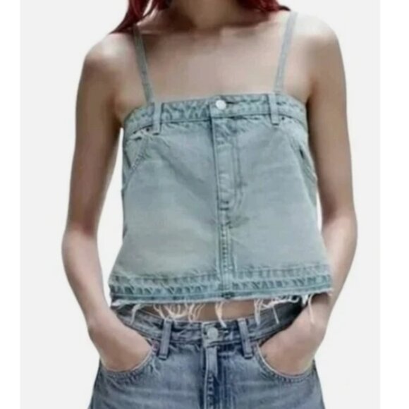 Zara Distressed Blue Denim Jean Strap Skirt Camisole Crop Tank Top SMALL - Picture 6 of 6